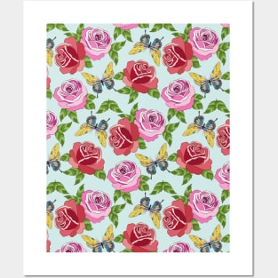 Roses And Butterflies Pattern On Blue Posters and Art